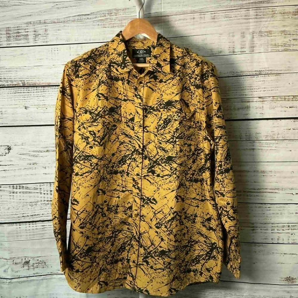 Brooklyn State Men's‎ 3XL Splatter Print Long Sleeve Button Up Shirt Gold Black